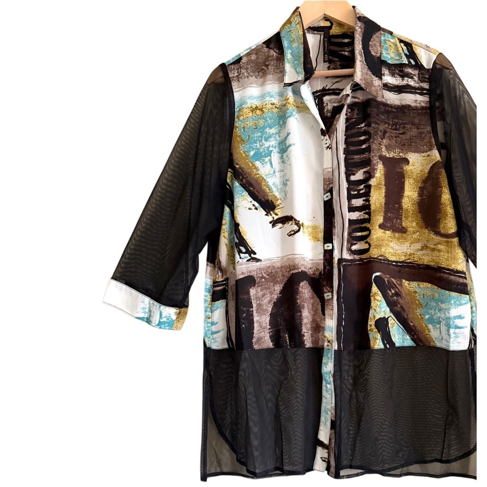 IC By Connie K Multicolored Artsy Art-To-Wear Semi-Sheer Chiffon Tunic Sz XL NWT - Picture 4 of 10